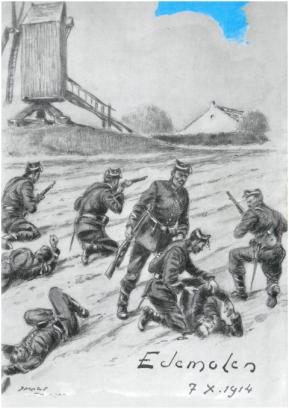 Tekening van James Thiriar over het gevecht aan de Edemolen